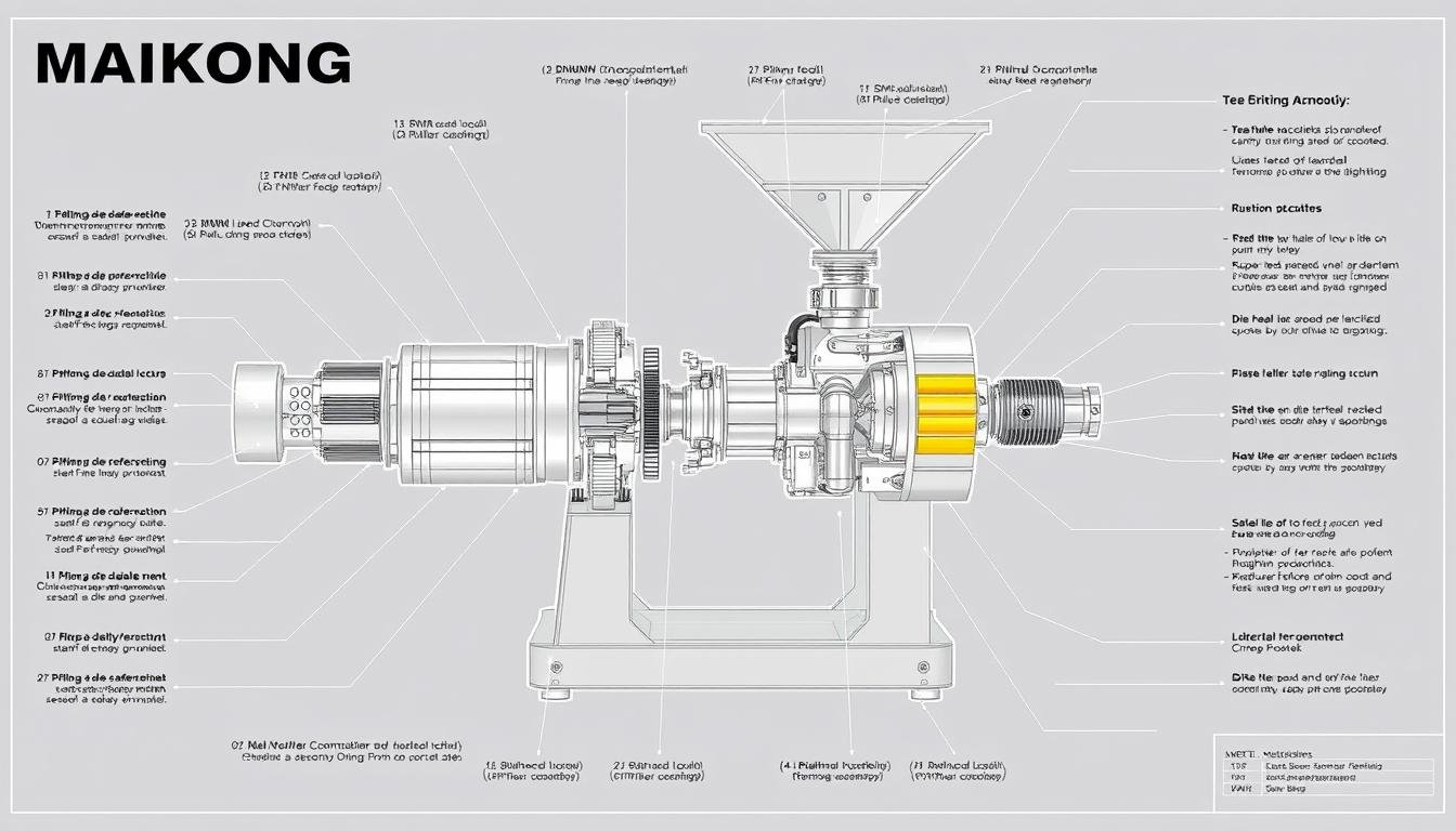 Detalii tehnice ale unui granulator furaje MAIKONG, evidențiind componentele și specificațiile de înaltă calitate