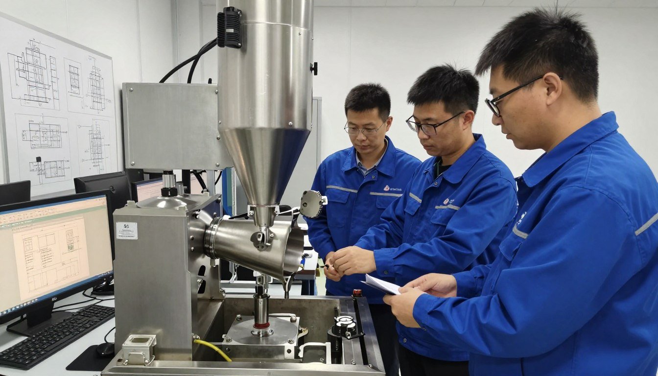 Echipă de ingineri MAIKONG lucrând la personalizarea unui granulator de furaje