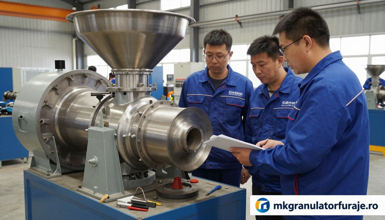 Echipa tehnică MAIKONG inspectând un granulator cereale second hand
