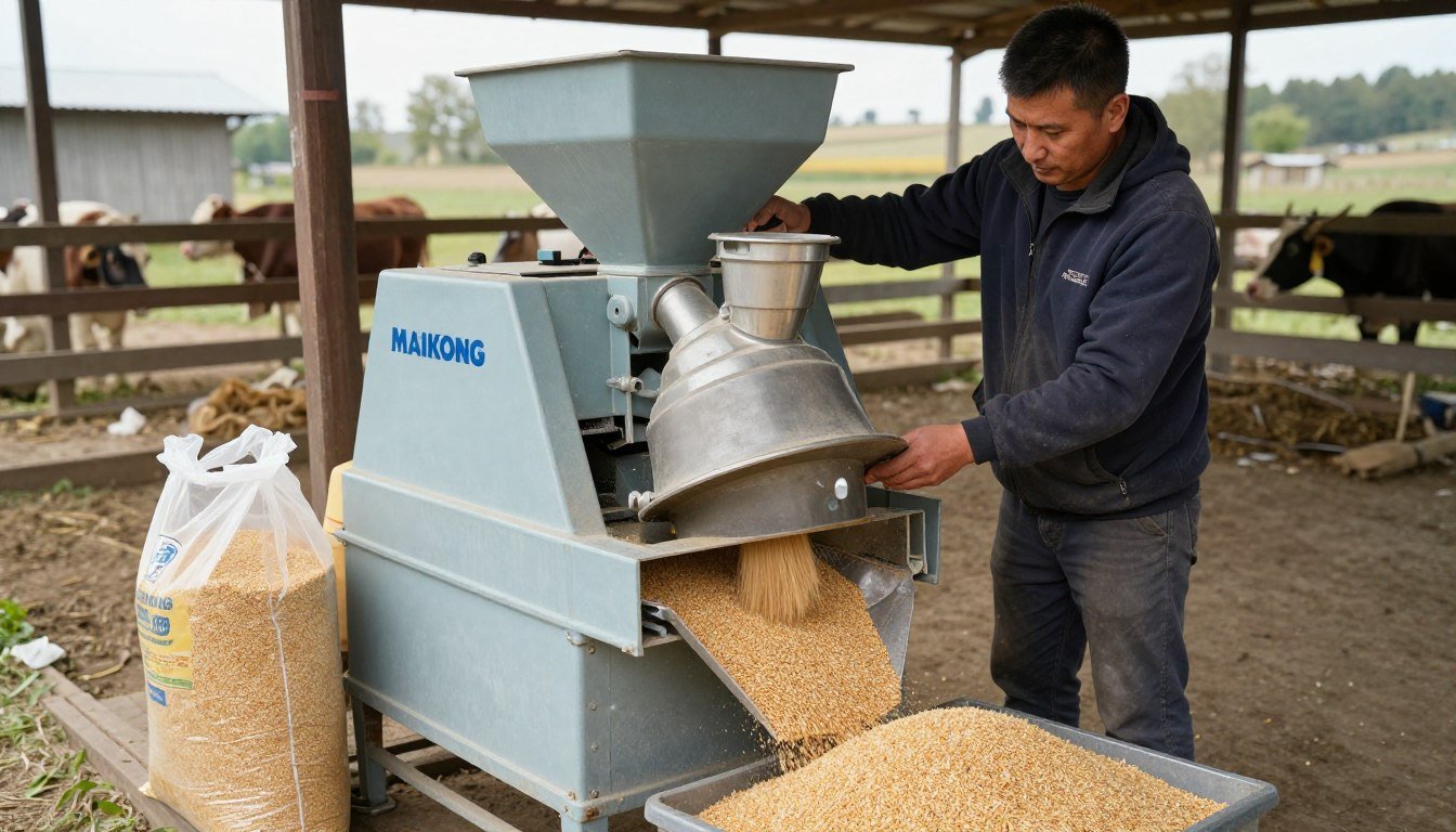 Granulator cereale MAIKONG în utilizare la o fermă mică din România