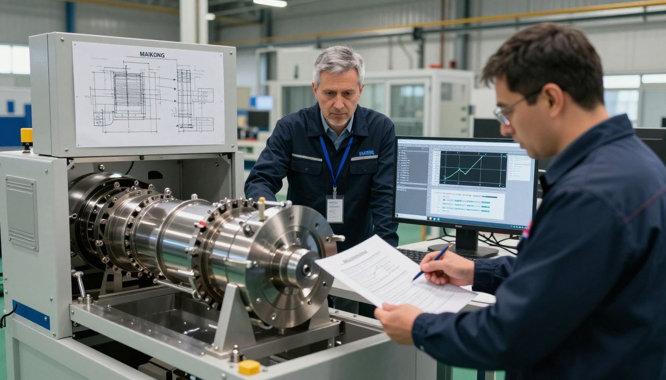 Ingineri MAIKONG lucrând la un proiect personalizat de granulator