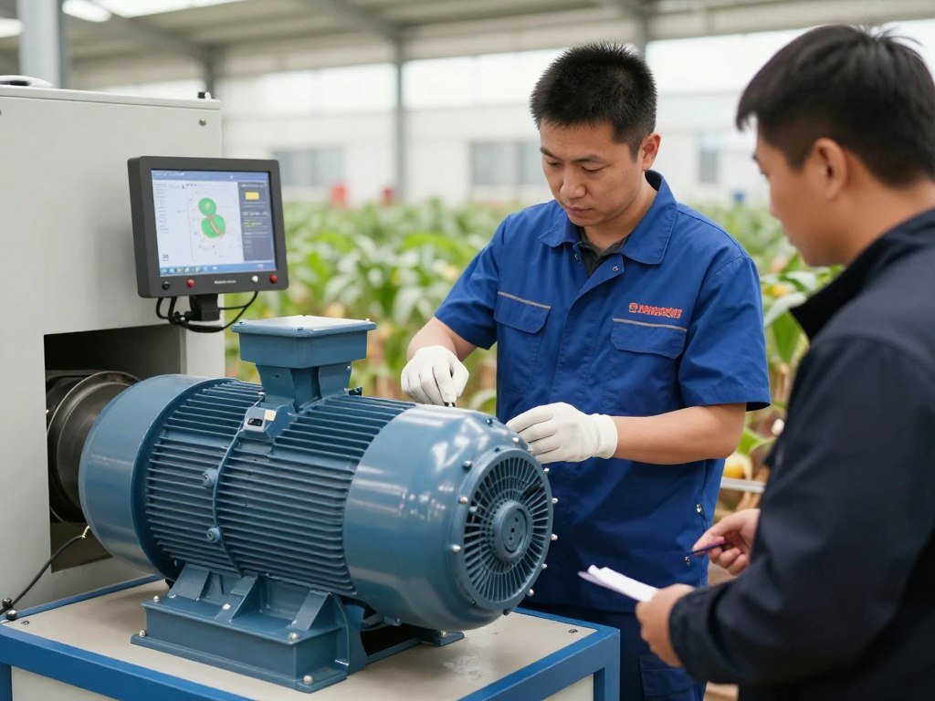 Tehnician MAIKONG oferind suport tehnic pentru motorul unui granulator