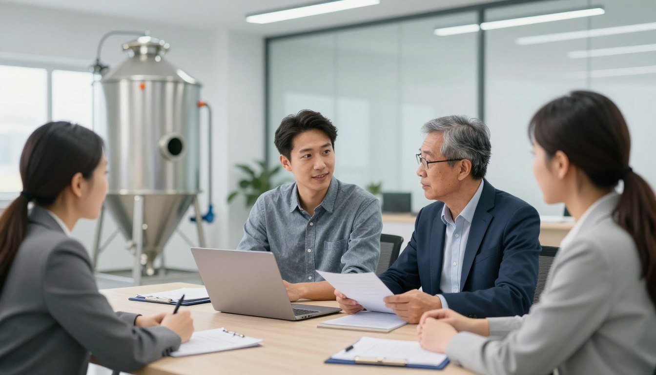 Fermier consultând specialist MAIKONG despre granulator furaje