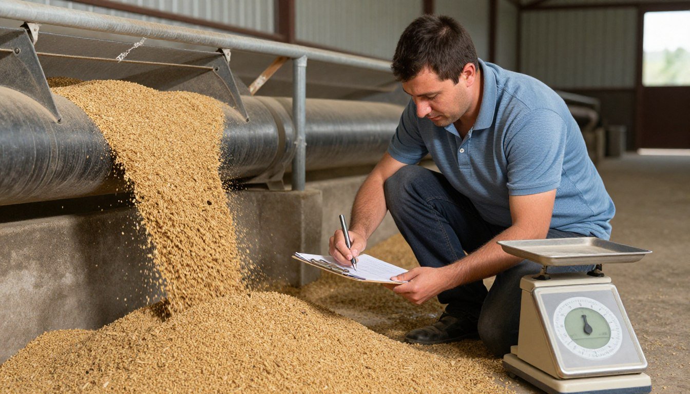 Fermier măsurând reducerea risipei după implementarea sistemului cu pelete