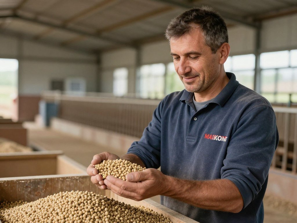Fermier verificând calitatea granulelor MAIKONG proaspăt produse