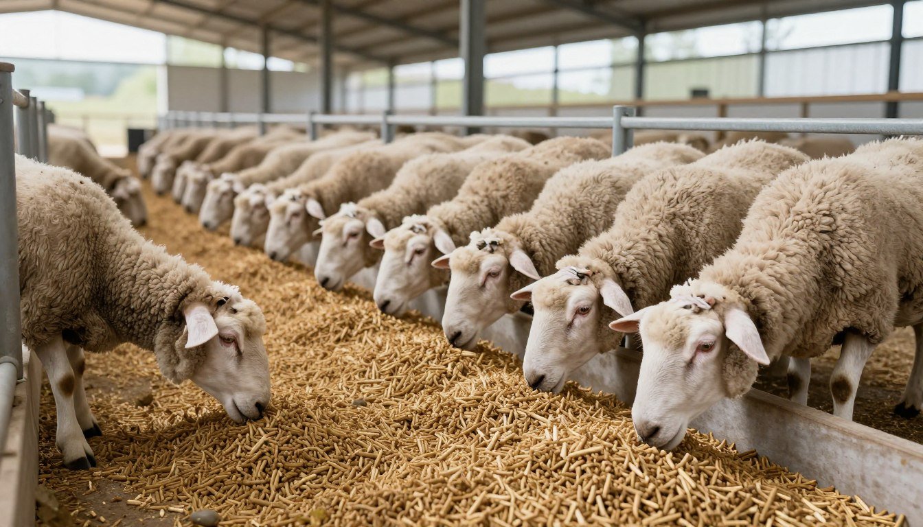 Oi sănătoase consumând pelete de furaje de calitate în fermă modernă