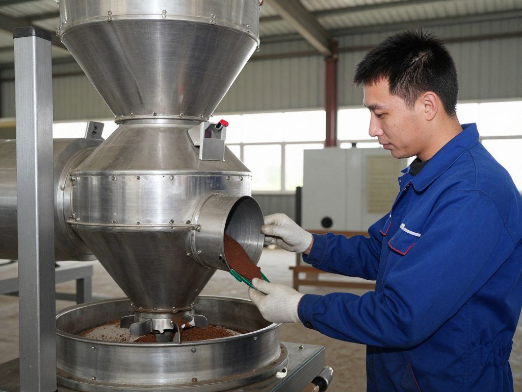 Tehnician MAIKONG oferind suport tehnic la granulator furaje