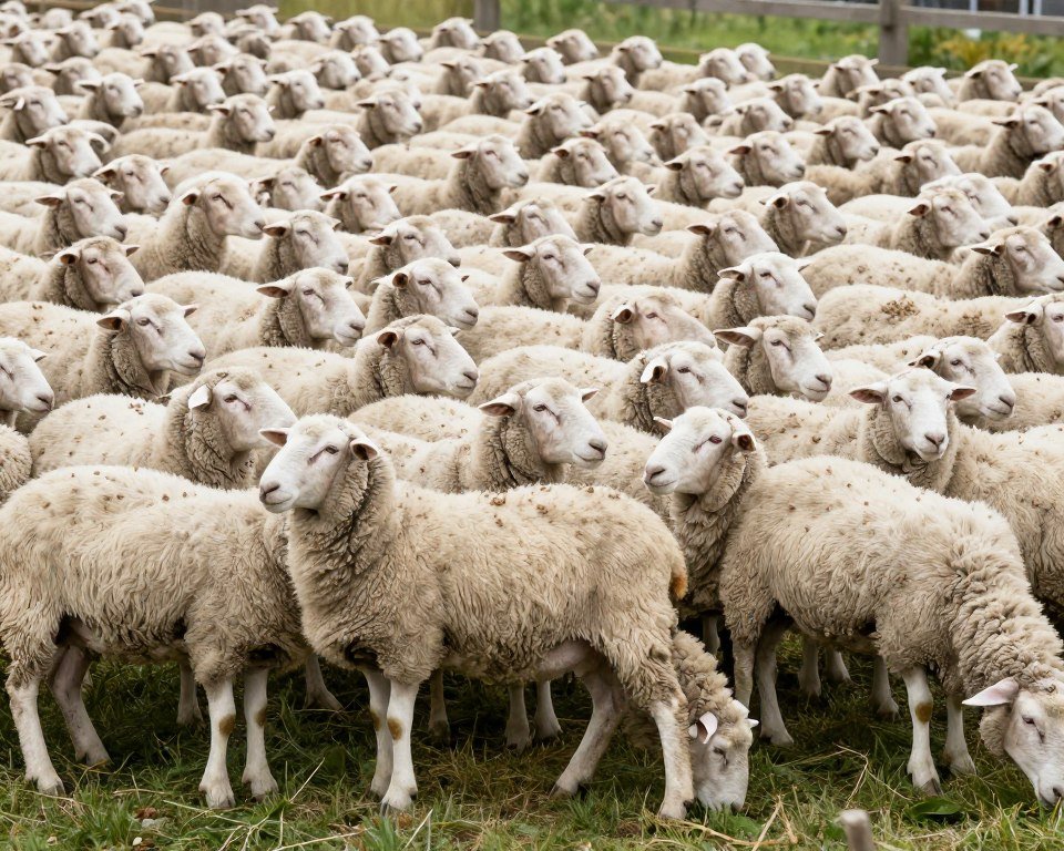 Turmă de oi cu creștere uniformă datorită nutriției cu pelete