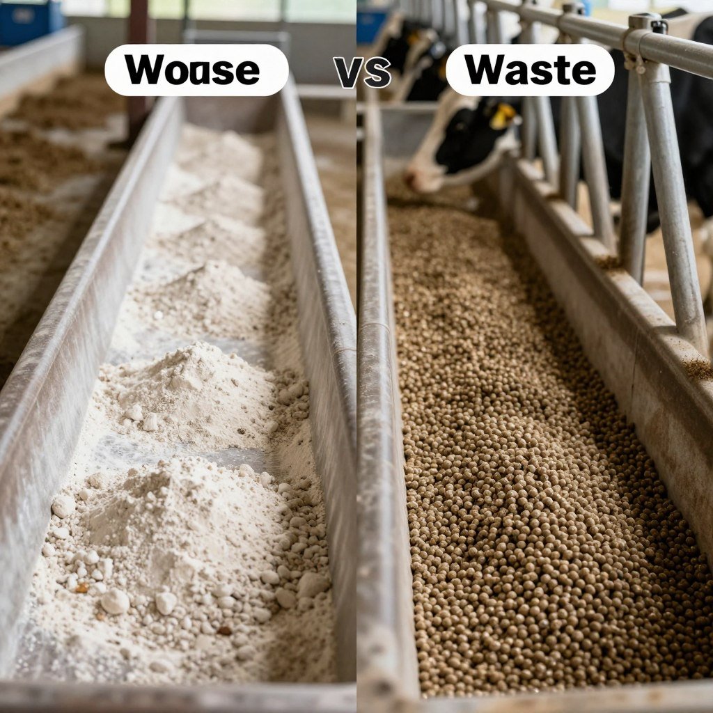 Comparație pierderi furaj - pulverulent vs granulat Comparație pierderi furaj - pulverulent vs granulat