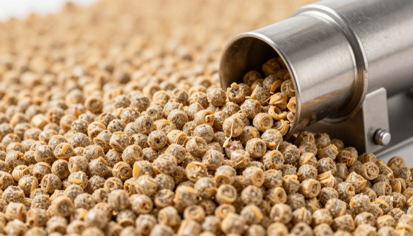 Granule de furaje din știuleți de porumb produse cu granulator MAIKONG pentru nutriție bovine Granule de furaje din știuleți de porumb produse cu granulator MAIKONG pentru nutriție bovine