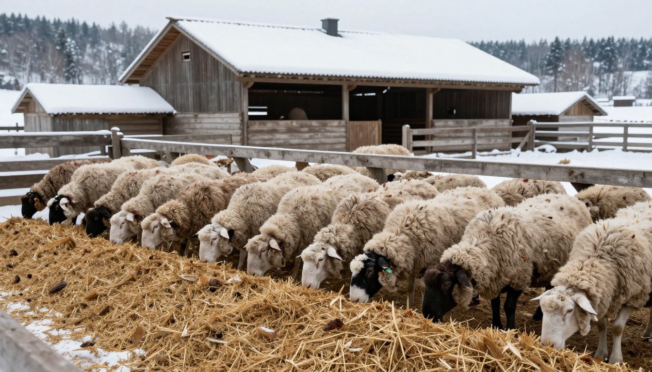 Oi hrănite cu furaje din resturi agricole într-o fermă românească pe timp de iarnă