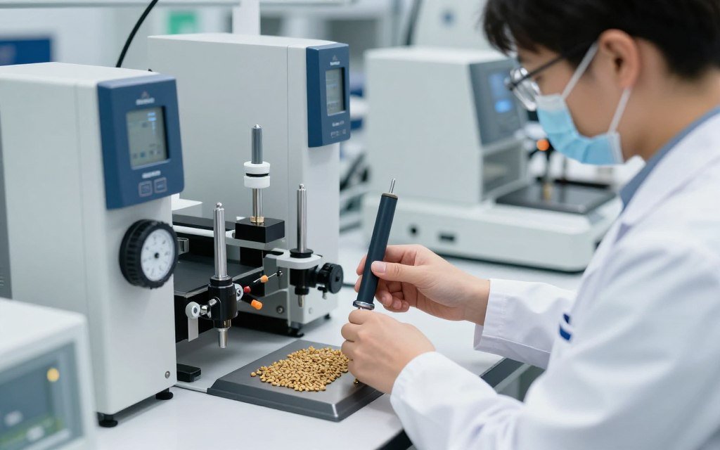 Testare duritate peleti furaje cu durometru în laborator control calitate MAIKONG Testare duritate peleti furaje cu durometru în laborator control calitate MAIKONG